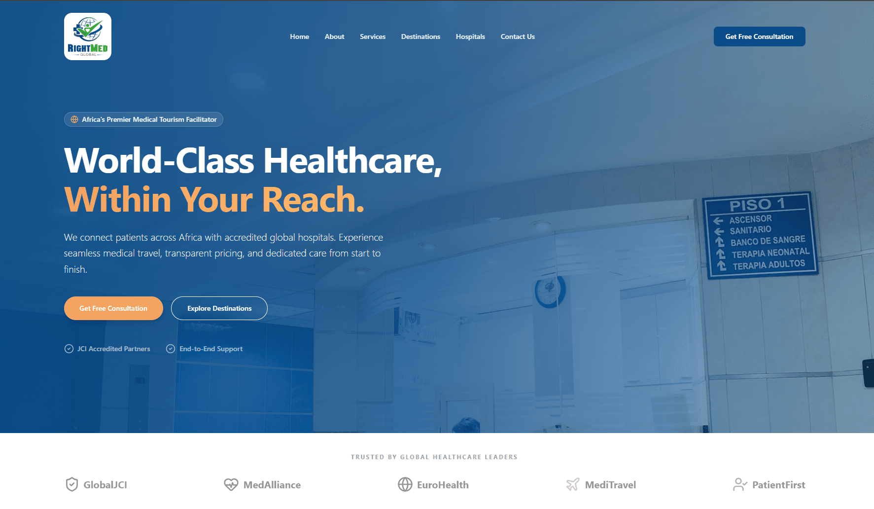 The RightMed Global home page: an opening statement about treatment at accredited hospitals abroad, a consultation button, and a link through to the destination countries.